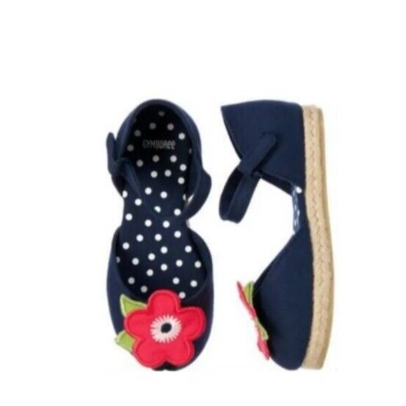 Gymboree Baby Girl Sz 5T Peep Toe Sandals Red Blooming Flower Blue Nautical - Picture 1 of 9